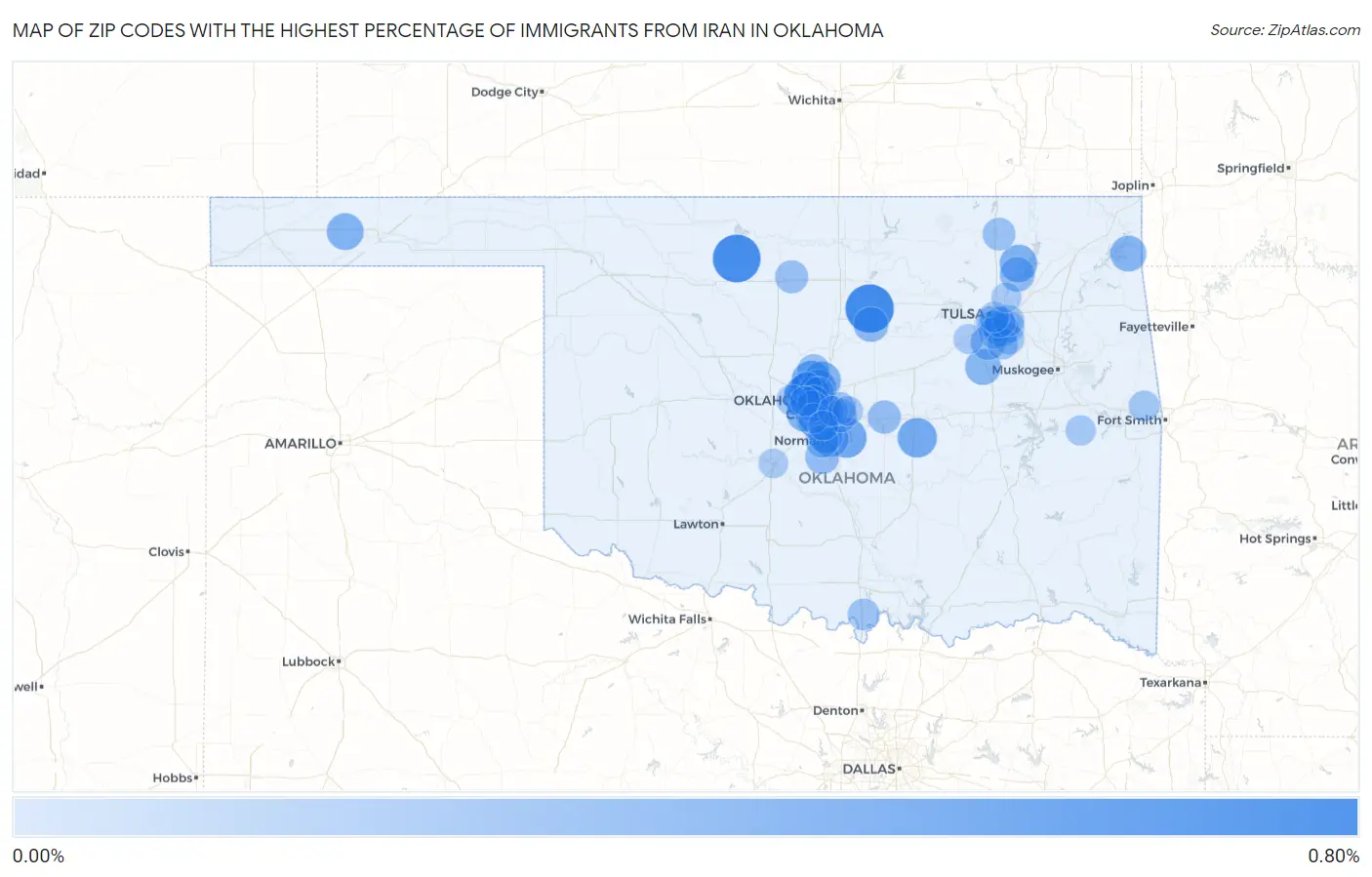 Zip Codes with the Highest Percentage of Immigrants from Iran in Oklahoma Map