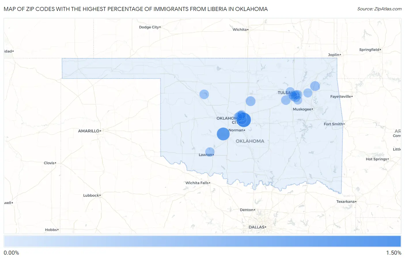 Zip Codes with the Highest Percentage of Immigrants from Liberia in Oklahoma Map