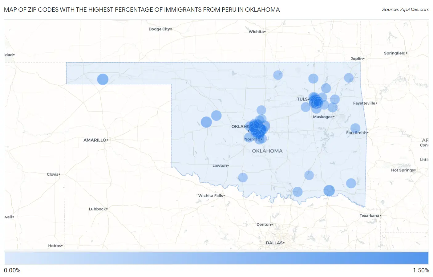 Zip Codes with the Highest Percentage of Immigrants from Peru in Oklahoma Map