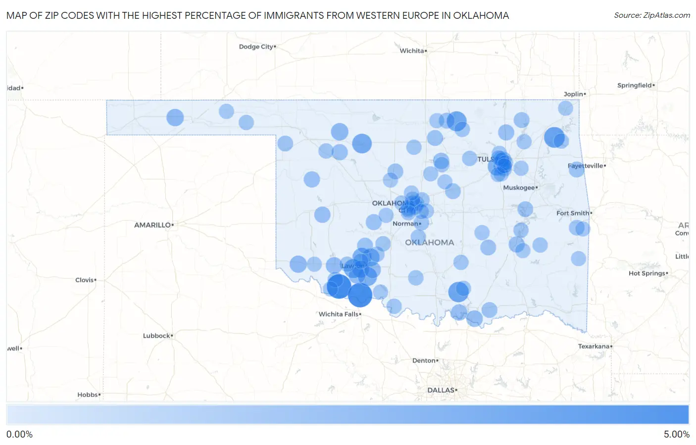 Zip Codes with the Highest Percentage of Immigrants from Western Europe in Oklahoma Map