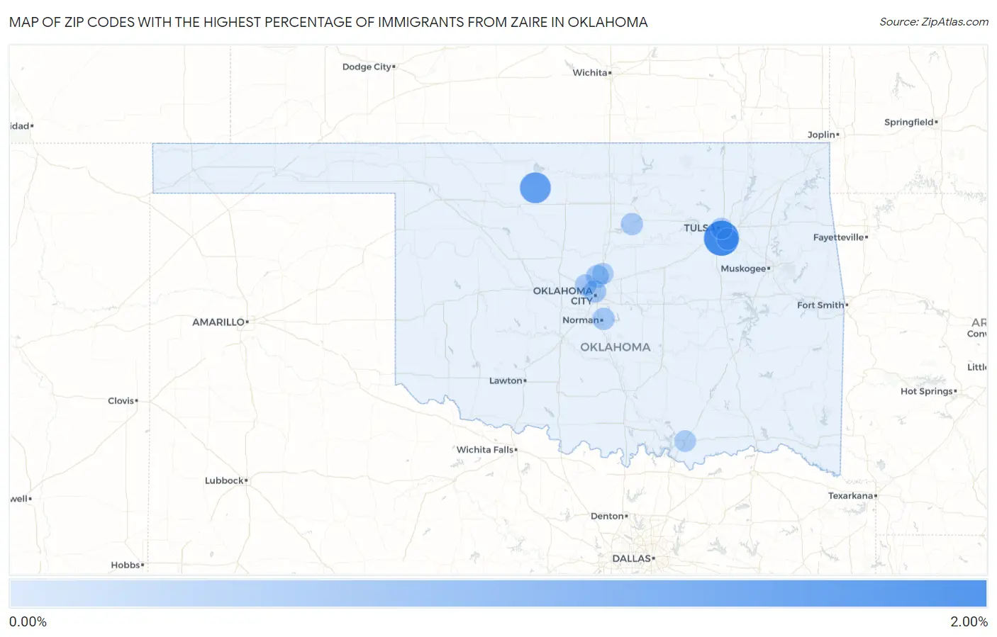 Zip Codes with the Highest Percentage of Immigrants from Zaire in Oklahoma Map