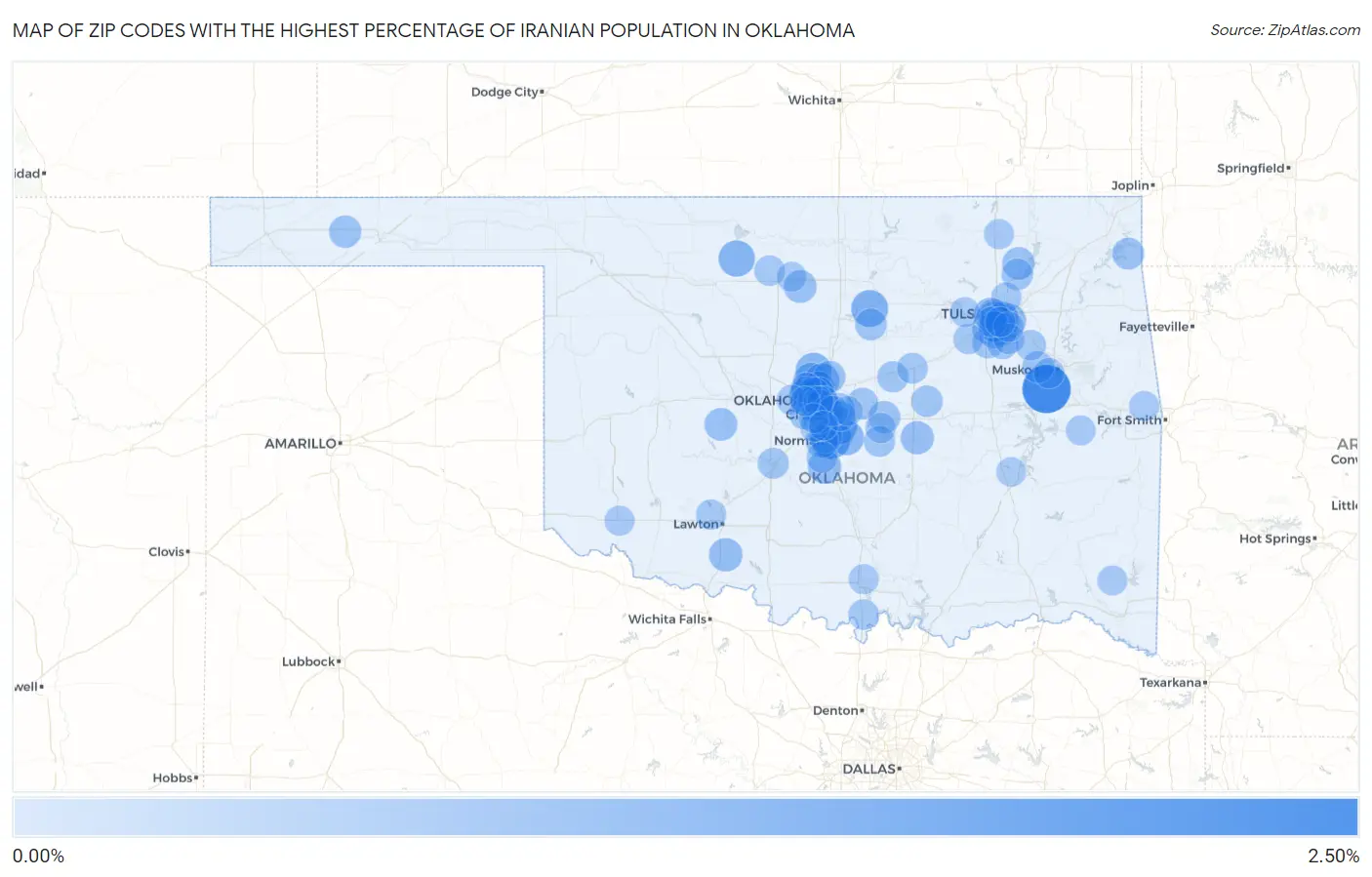 Zip Codes with the Highest Percentage of Iranian Population in Oklahoma Map