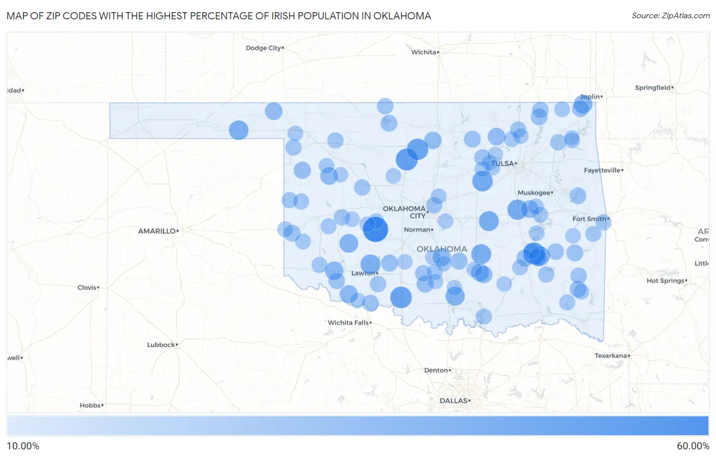 Zip Codes with the Highest Percentage of Irish Population in Oklahoma Map