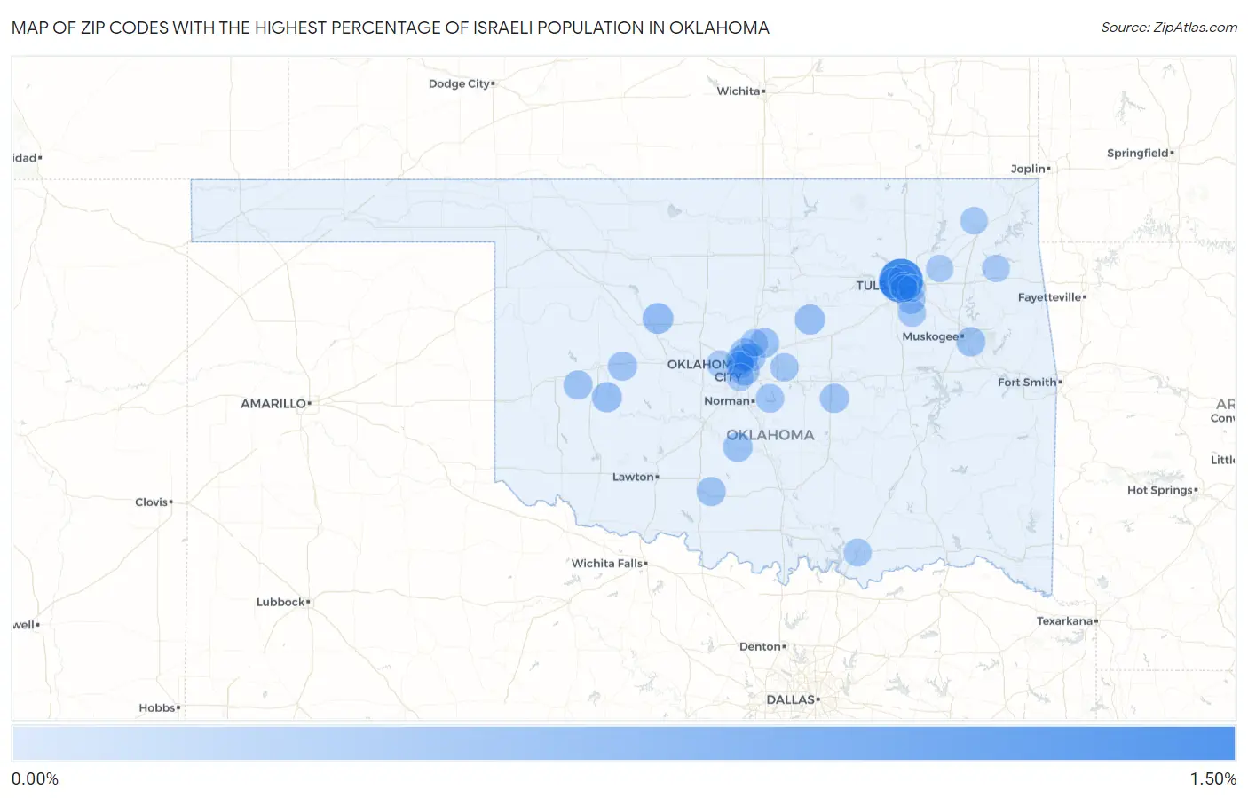 Zip Codes with the Highest Percentage of Israeli Population in Oklahoma Map
