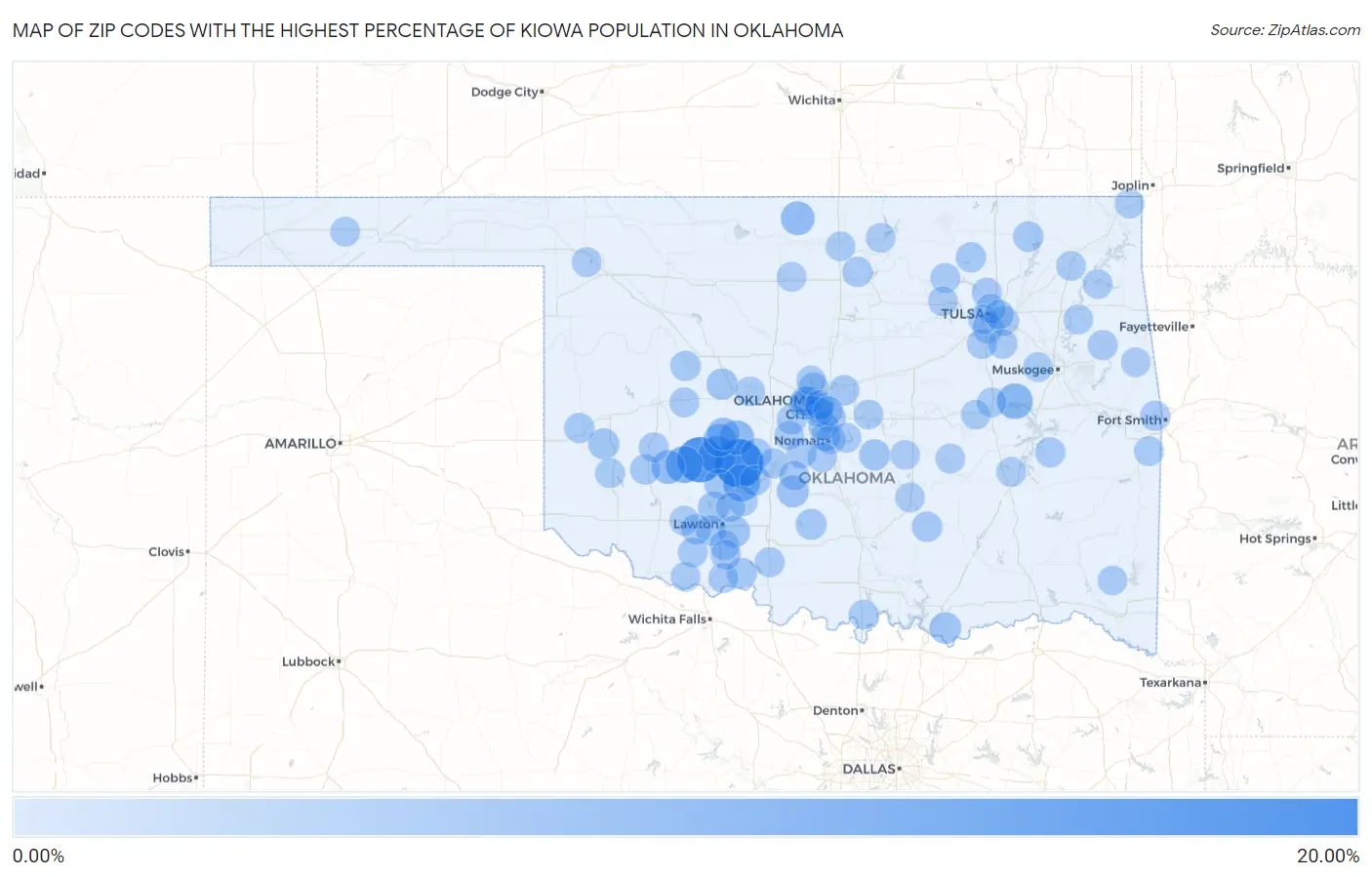 Zip Codes with the Highest Percentage of Kiowa Population in Oklahoma Map