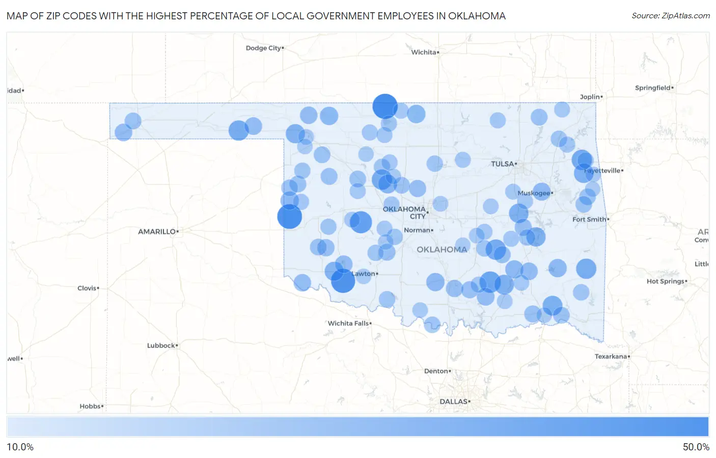 Zip Codes with the Highest Percentage of Local Government Employees in Oklahoma Map