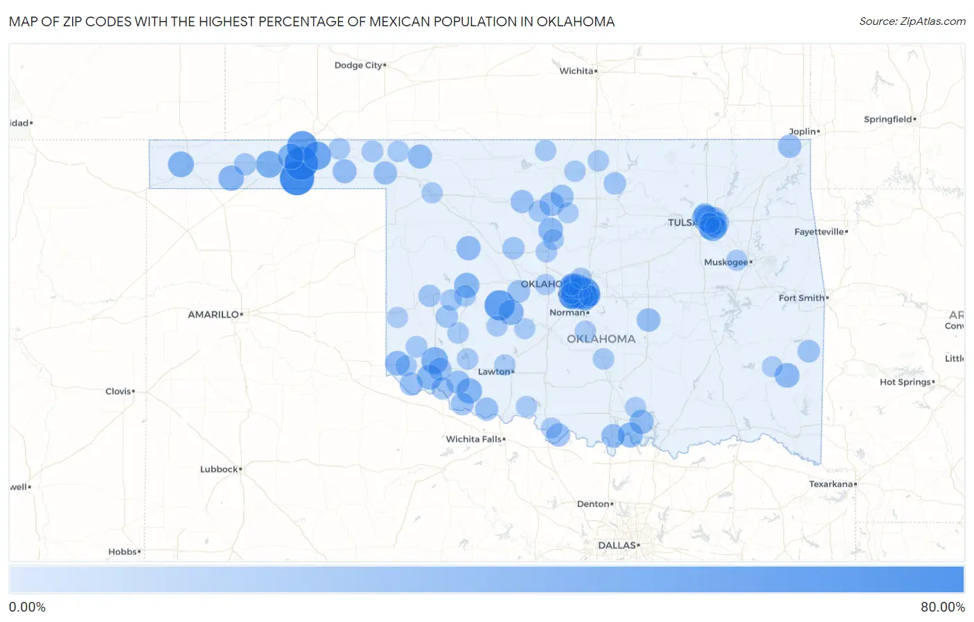 Zip Codes with the Highest Percentage of Mexican Population in Oklahoma Map