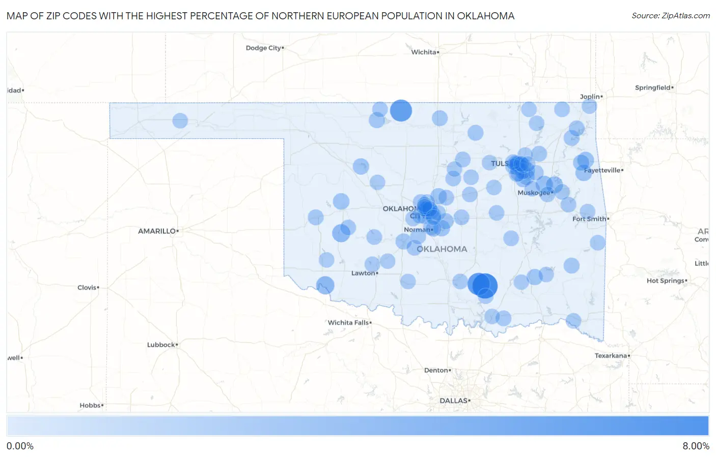Zip Codes with the Highest Percentage of Northern European Population in Oklahoma Map