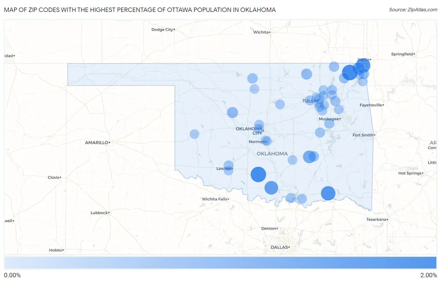 Zip Codes with the Highest Percentage of Ottawa Population in Oklahoma Map