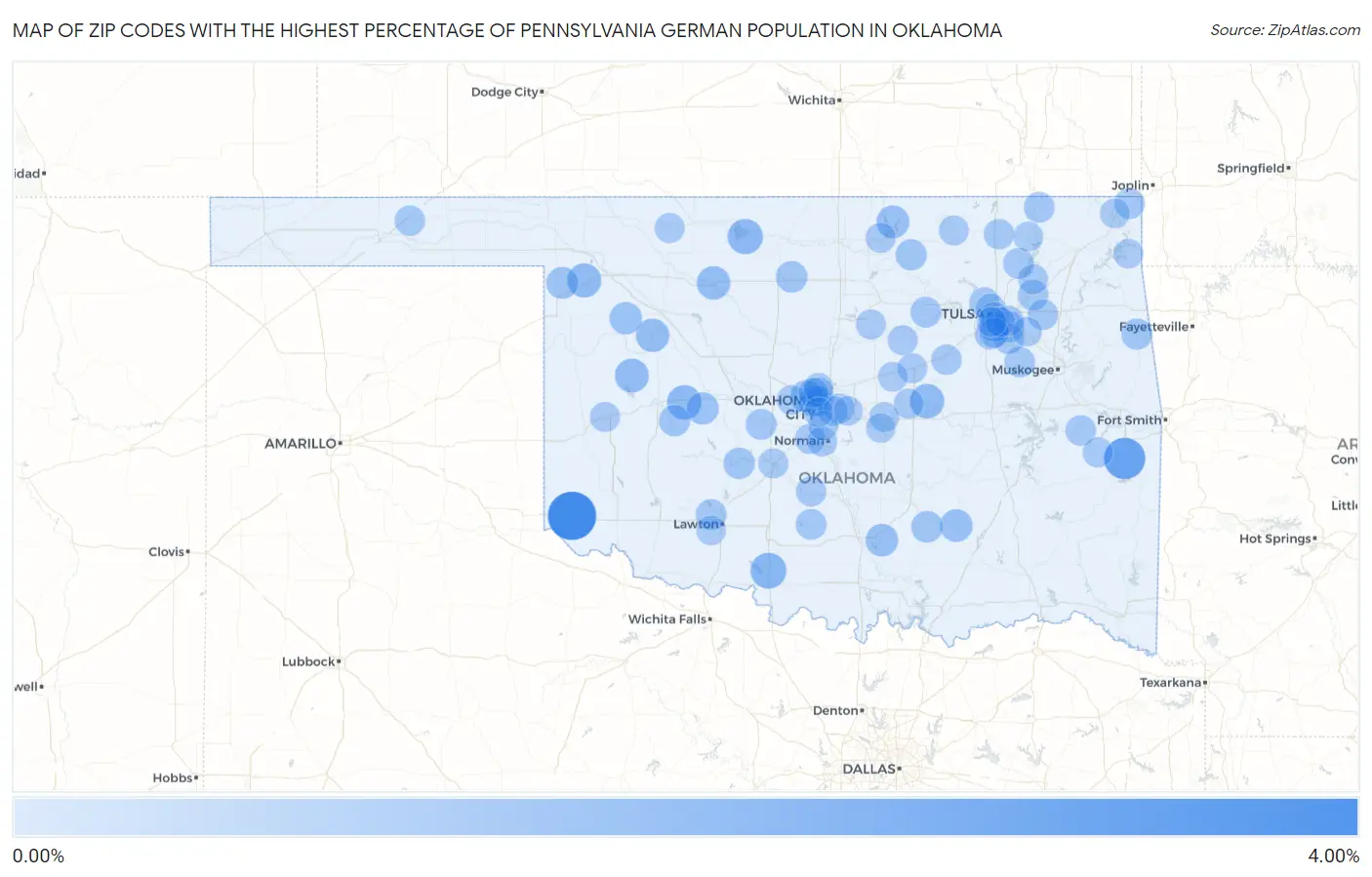 Zip Codes with the Highest Percentage of Pennsylvania German Population in Oklahoma Map