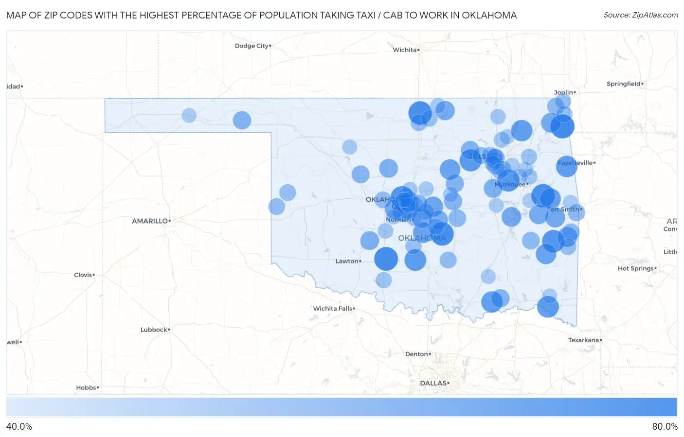 Zip Codes with the Highest Percentage of Population Taking Taxi / Cab to Work in Oklahoma Map