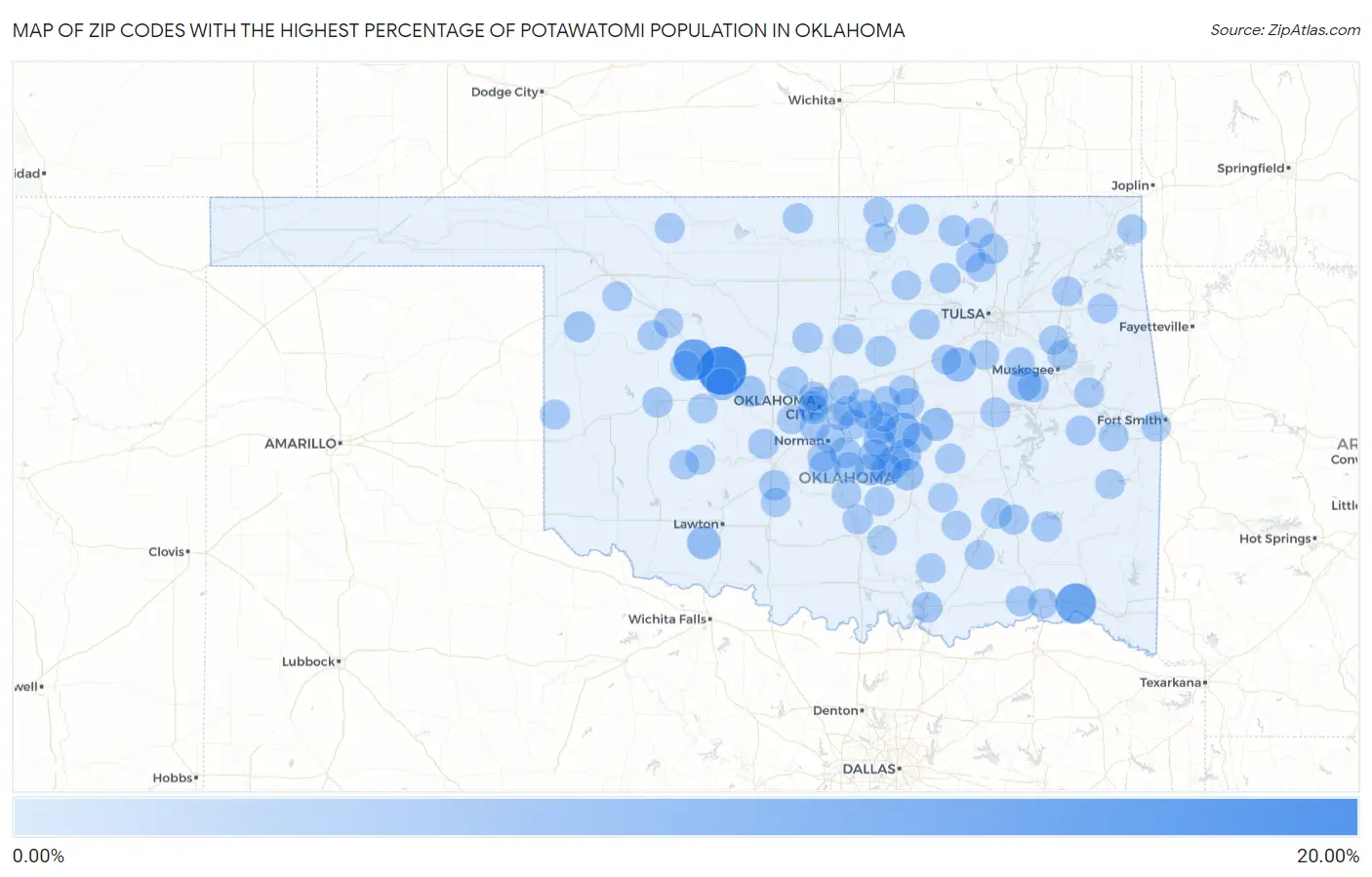 Zip Codes with the Highest Percentage of Potawatomi Population in Oklahoma Map