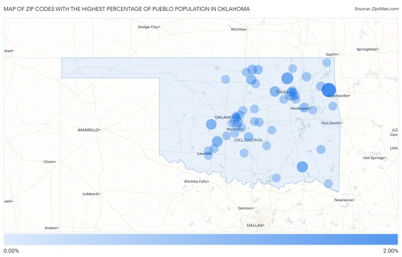 Zip Codes with the Highest Percentage of Pueblo Population in Oklahoma Map