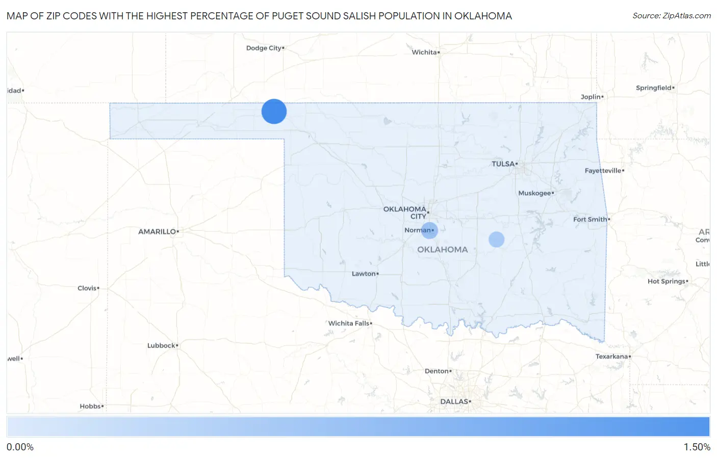 Zip Codes with the Highest Percentage of Puget Sound Salish Population in Oklahoma Map