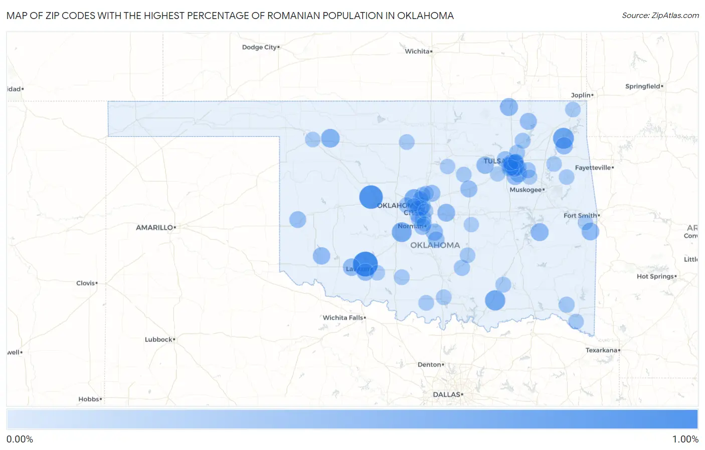 Zip Codes with the Highest Percentage of Romanian Population in Oklahoma Map