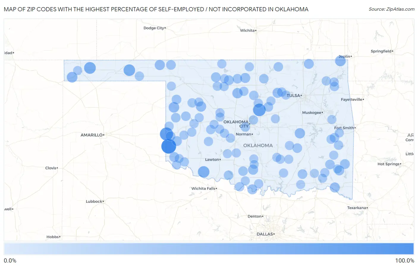 Zip Codes with the Highest Percentage of Self-Employed / Not Incorporated in Oklahoma Map