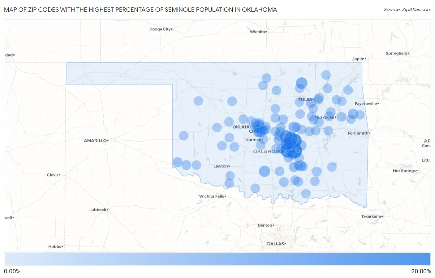 Zip Codes with the Highest Percentage of Seminole Population in Oklahoma Map