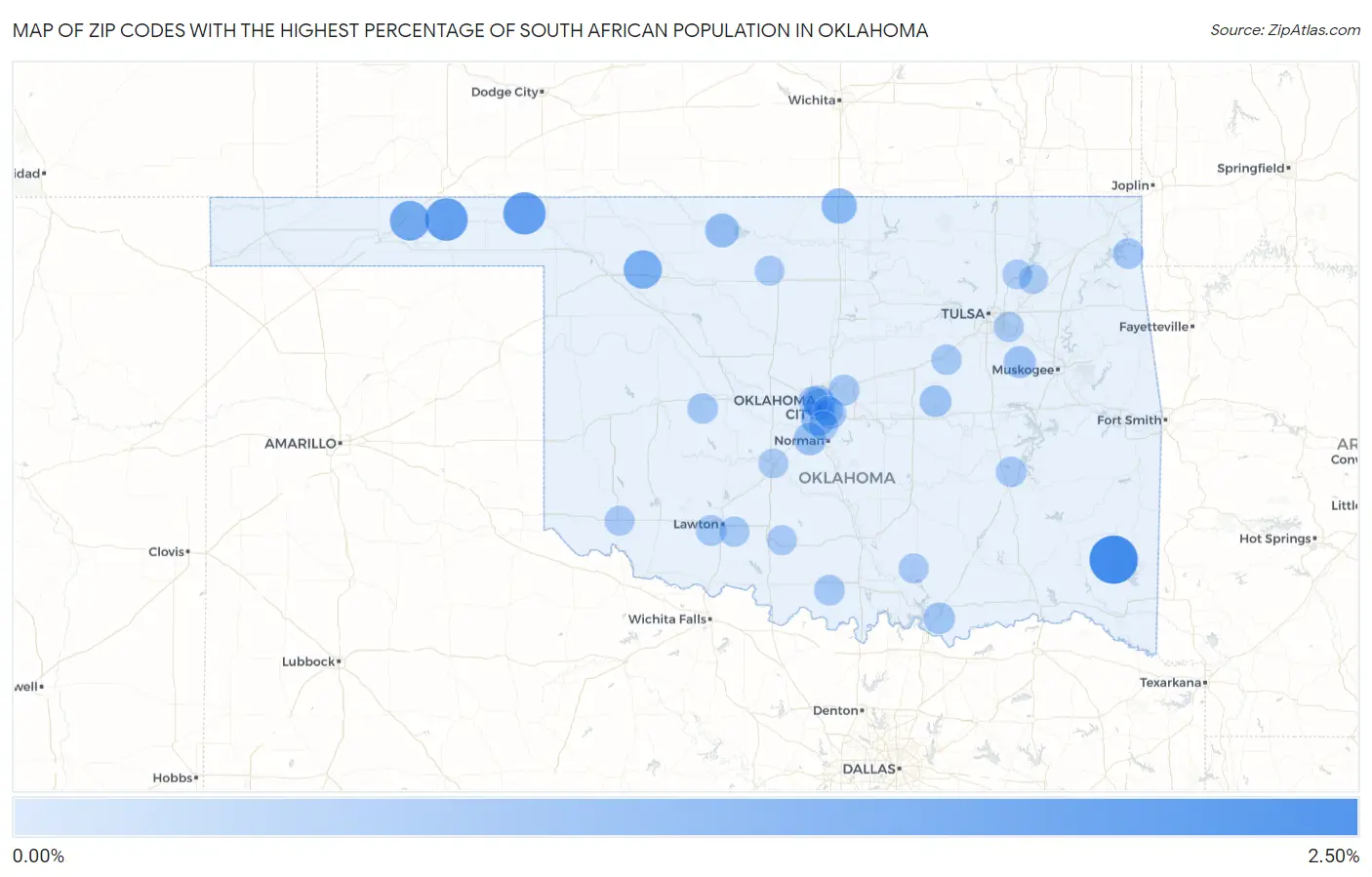 Zip Codes with the Highest Percentage of South African Population in Oklahoma Map