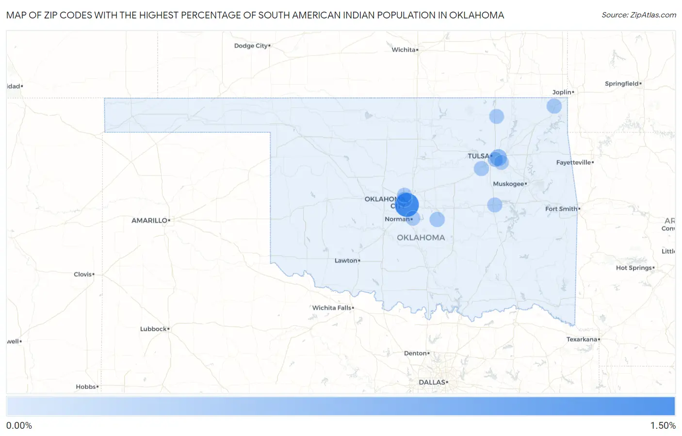 Zip Codes with the Highest Percentage of South American Indian Population in Oklahoma Map