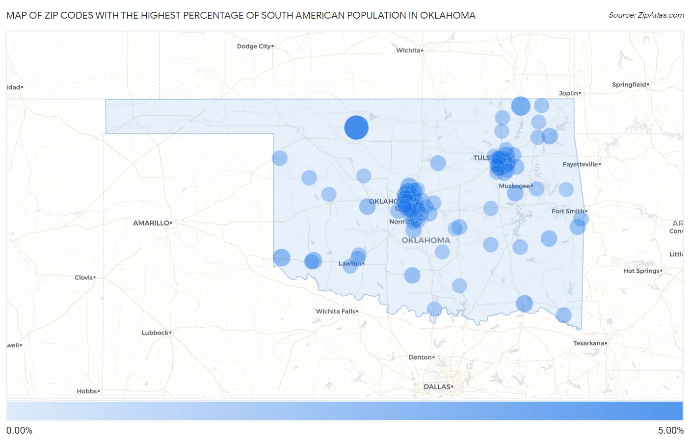 Zip Codes with the Highest Percentage of South American Population in Oklahoma Map