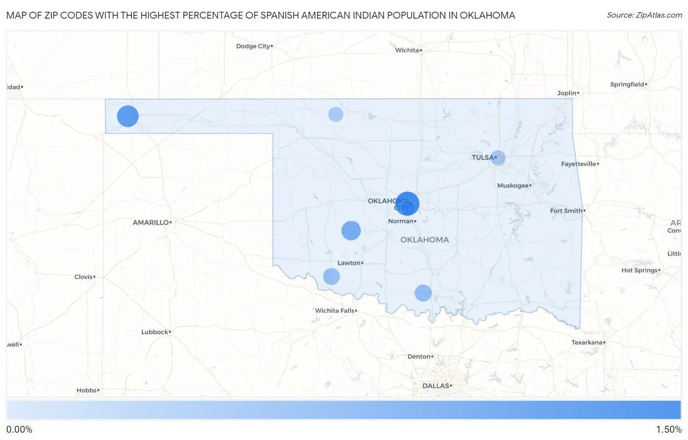 Zip Codes with the Highest Percentage of Spanish American Indian Population in Oklahoma Map