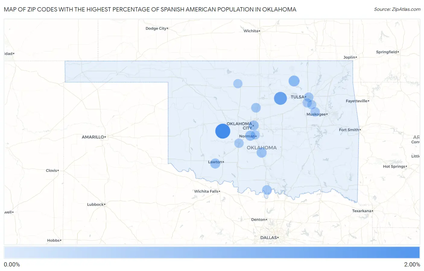 Zip Codes with the Highest Percentage of Spanish American Population in Oklahoma Map