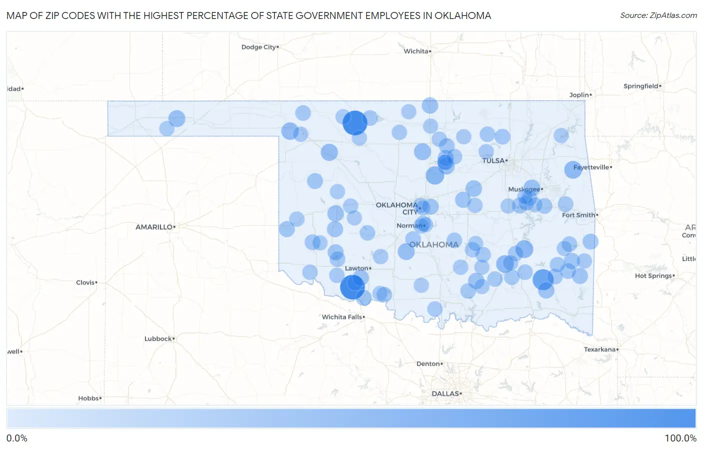 Zip Codes with the Highest Percentage of State Government Employees in Oklahoma Map
