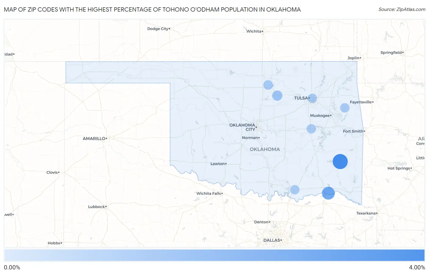 Zip Codes with the Highest Percentage of Tohono O'Odham Population in Oklahoma Map