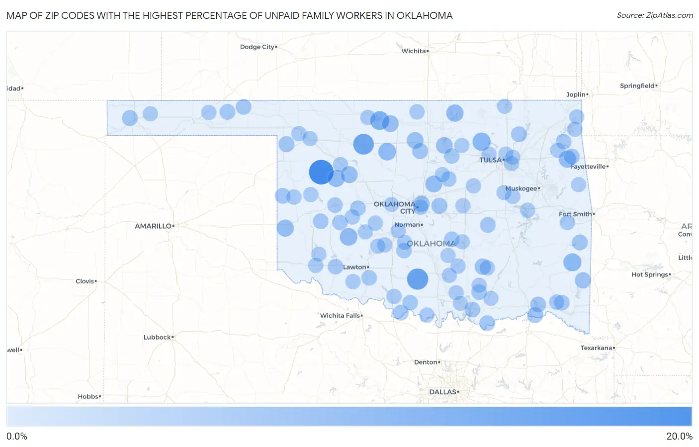 Zip Codes with the Highest Percentage of Unpaid Family Workers in Oklahoma Map