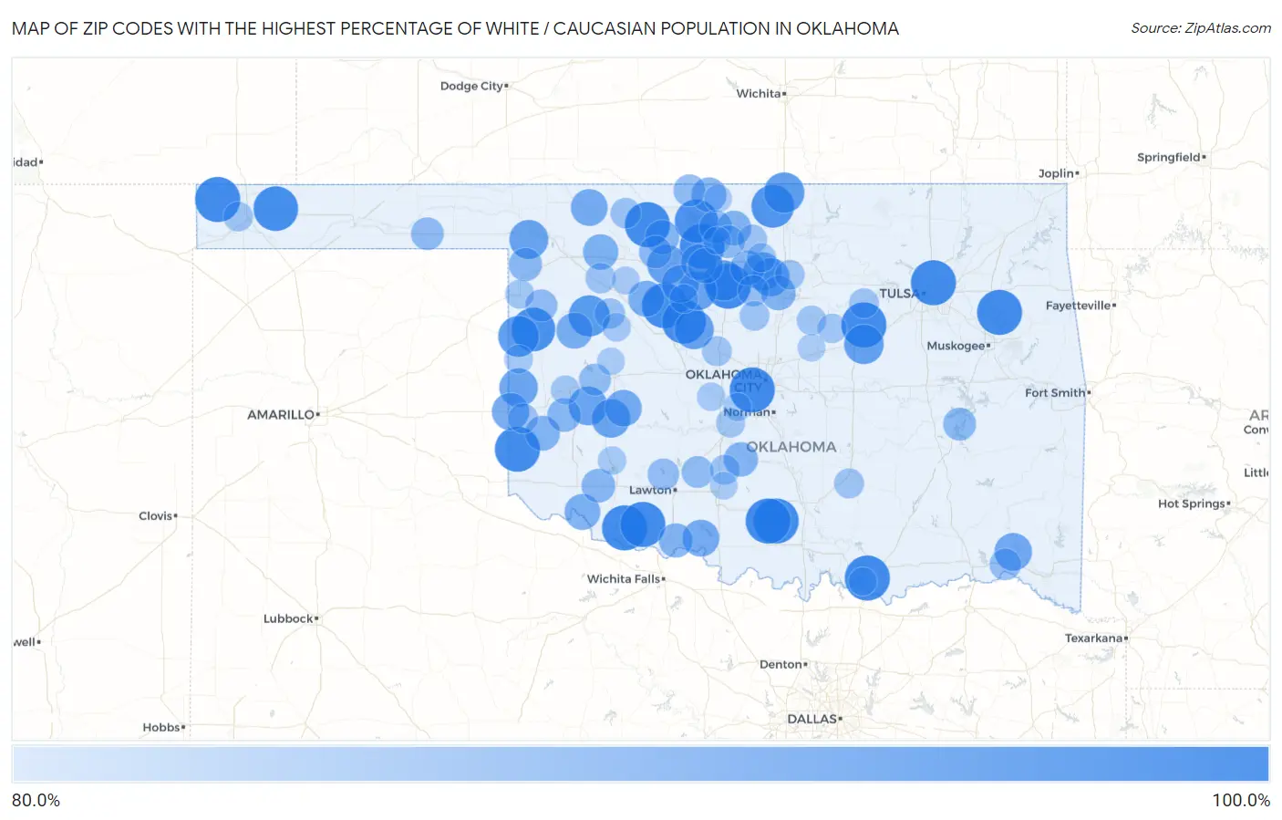 Zip Codes with the Highest Percentage of White / Caucasian Population in Oklahoma Map