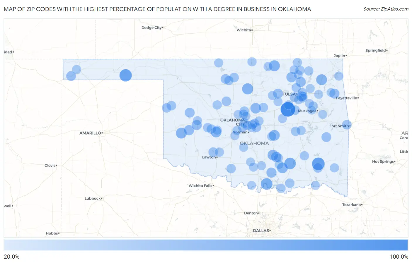 Zip Codes with the Highest Percentage of Population with a Degree in Business in Oklahoma Map