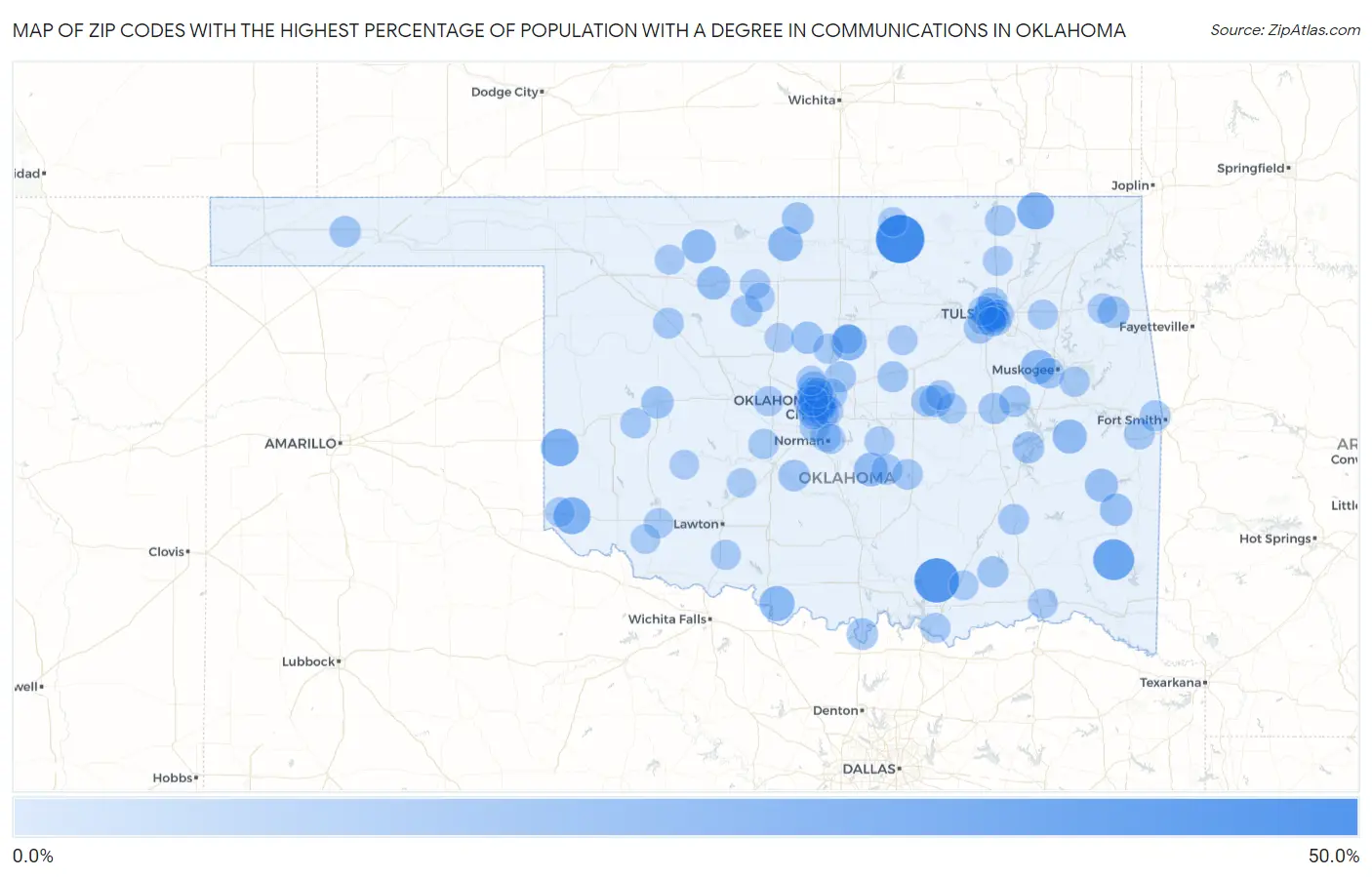 Zip Codes with the Highest Percentage of Population with a Degree in Communications in Oklahoma Map