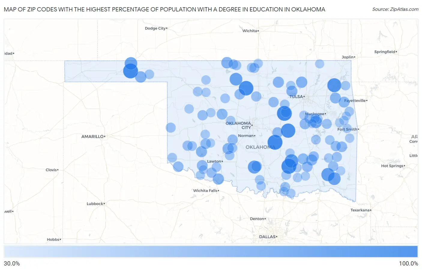 Zip Codes with the Highest Percentage of Population with a Degree in Education in Oklahoma Map