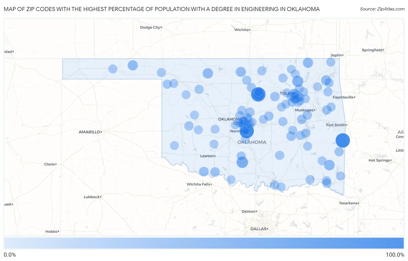 Zip Codes with the Highest Percentage of Population with a Degree in Engineering in Oklahoma Map
