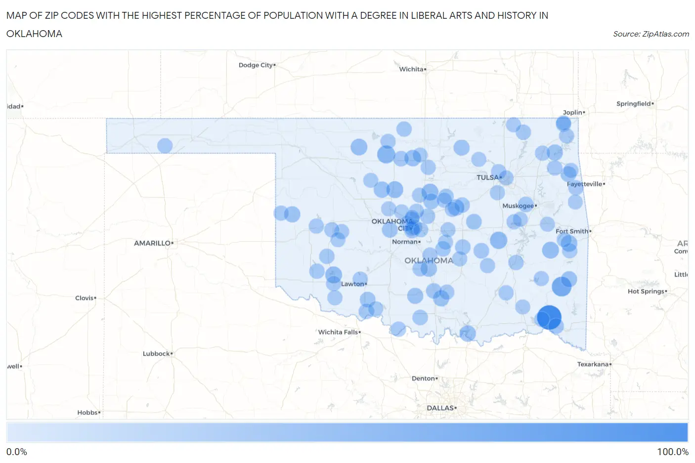 Zip Codes with the Highest Percentage of Population with a Degree in Liberal Arts and History in Oklahoma Map