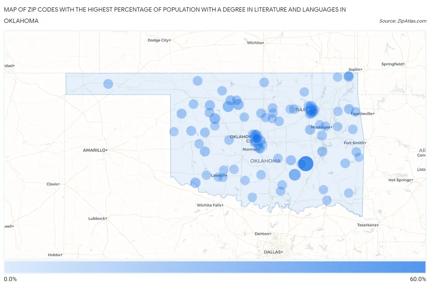 Zip Codes with the Highest Percentage of Population with a Degree in Literature and Languages in Oklahoma Map