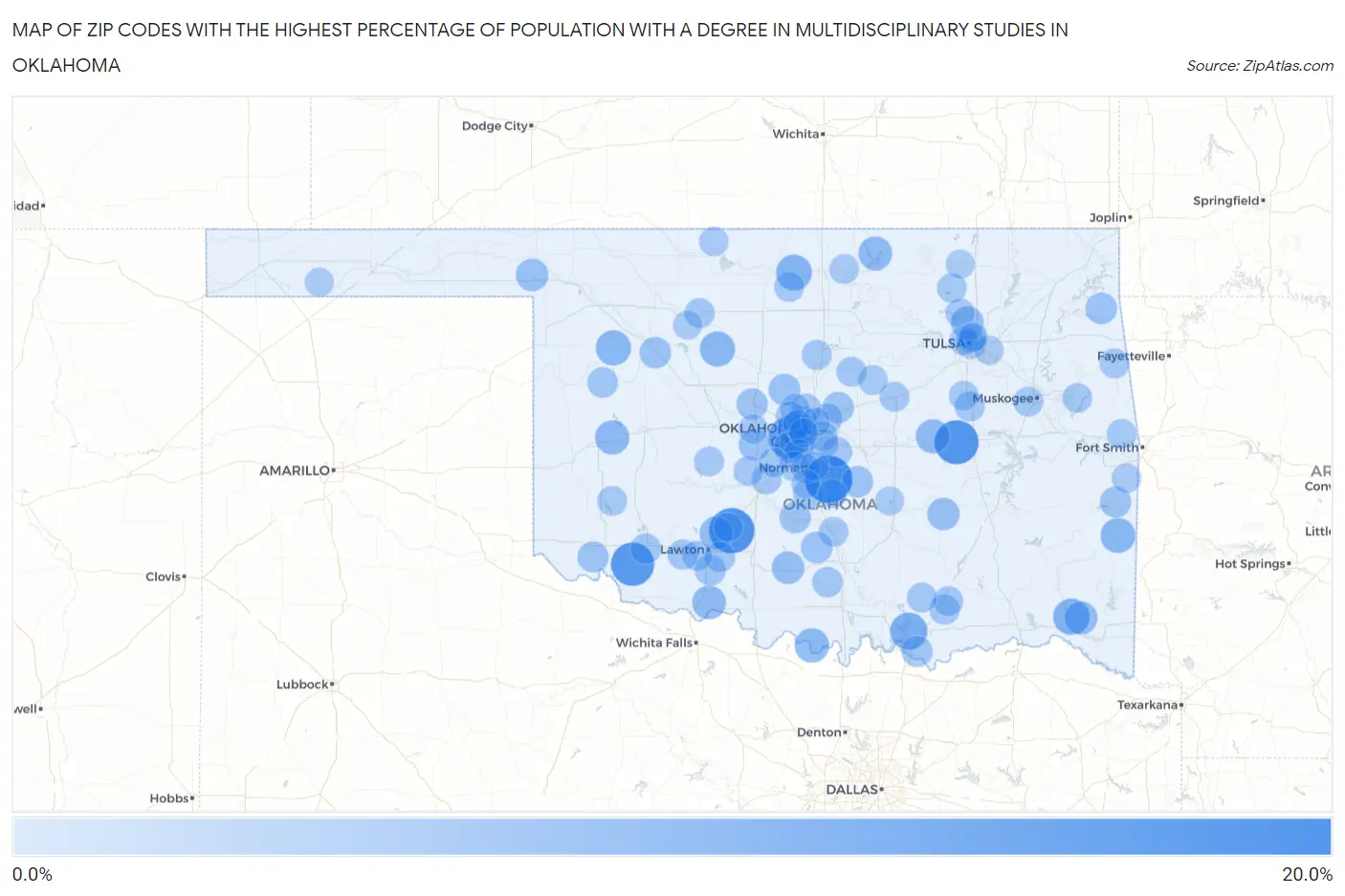 Zip Codes with the Highest Percentage of Population with a Degree in Multidisciplinary Studies in Oklahoma Map