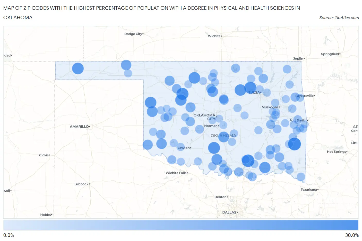 Zip Codes with the Highest Percentage of Population with a Degree in Physical and Health Sciences in Oklahoma Map