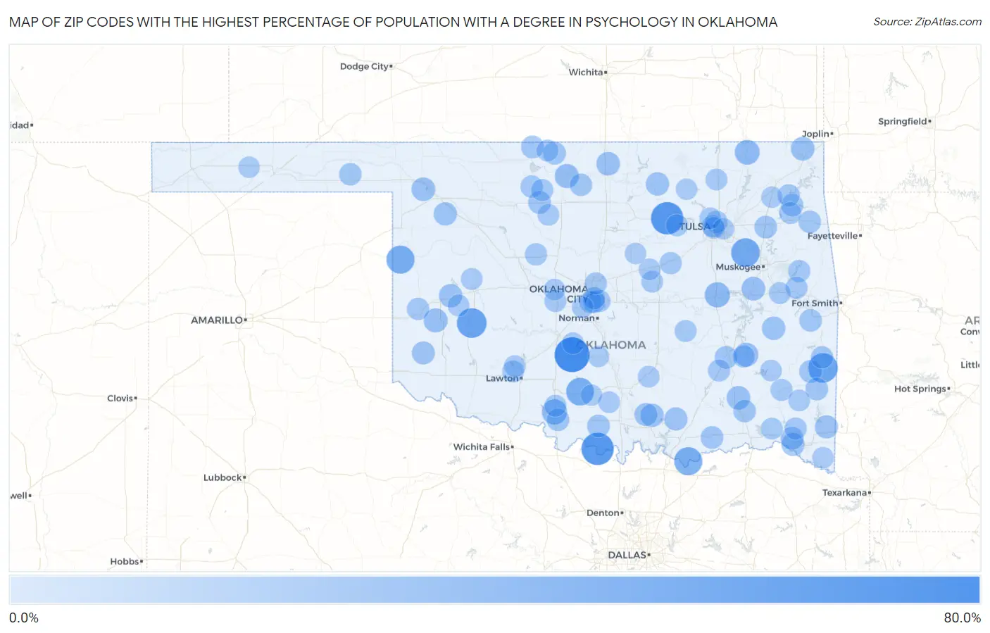 Zip Codes with the Highest Percentage of Population with a Degree in Psychology in Oklahoma Map