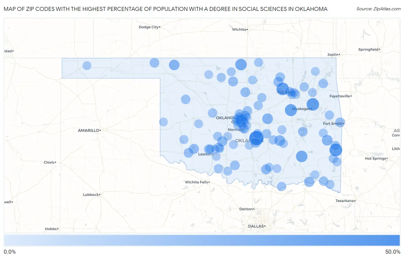 Zip Codes with the Highest Percentage of Population with a Degree in Social Sciences in Oklahoma Map
