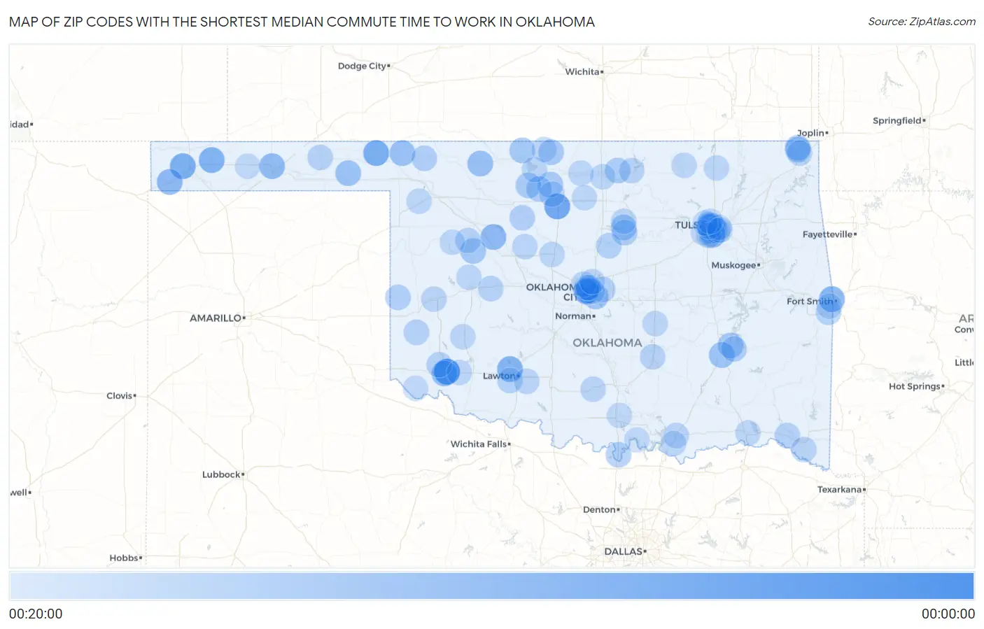 Zip Codes with the Shortest Median Commute Time to Work in Oklahoma Map