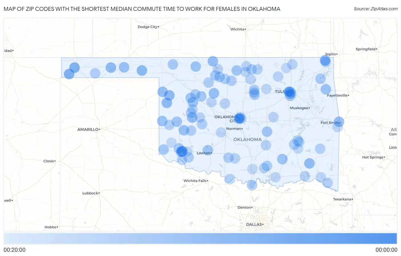 Zip Codes with the Shortest Median Commute Time to Work for Females in Oklahoma Map