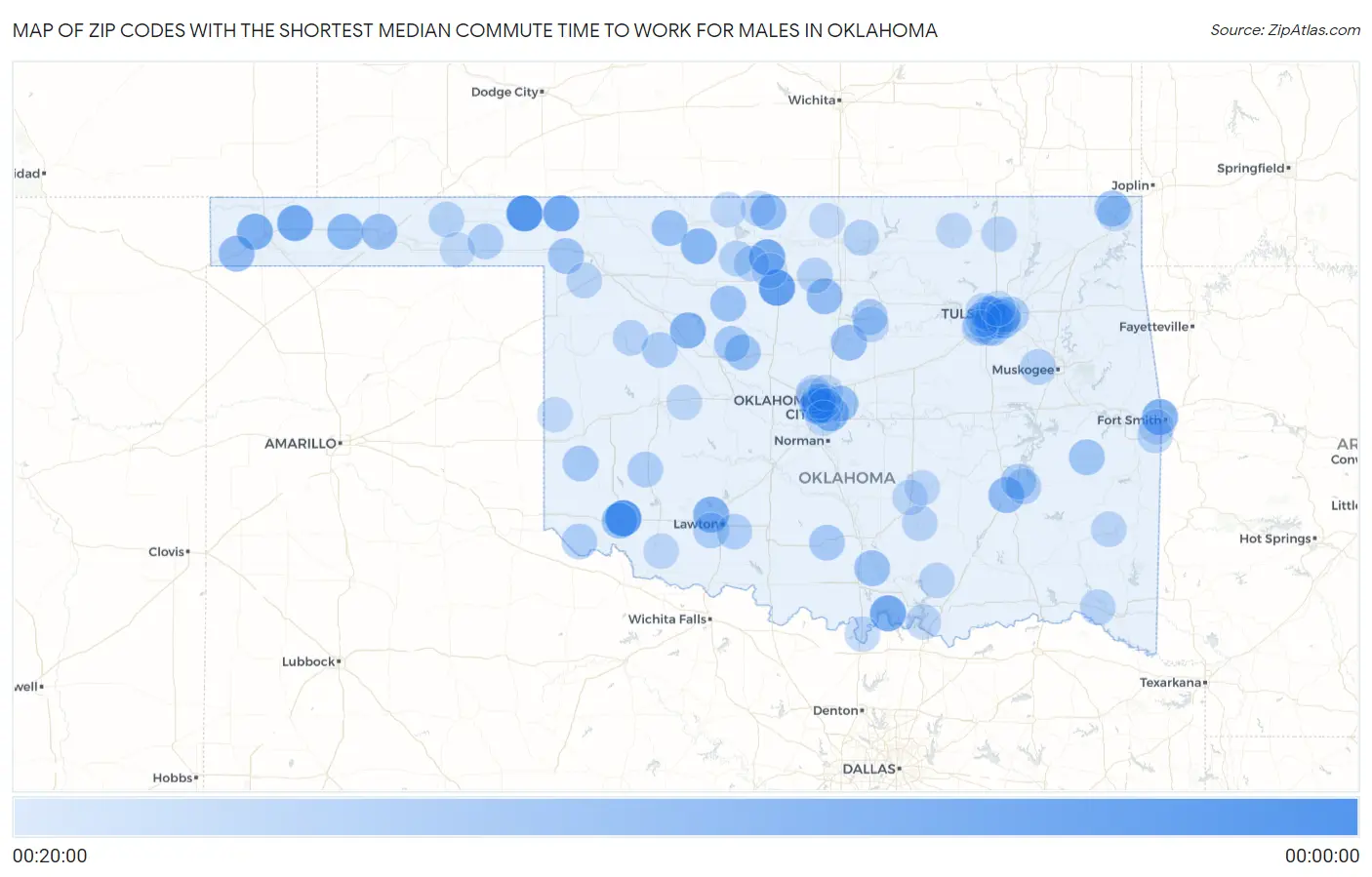 Zip Codes with the Shortest Median Commute Time to Work for Males in Oklahoma Map