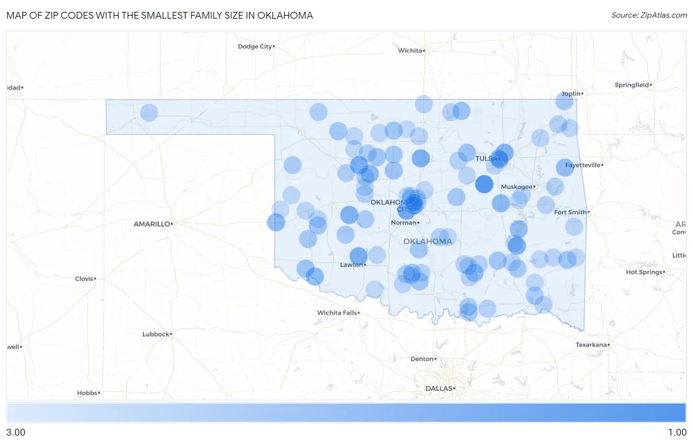 Zip Codes with the Smallest Family Size in Oklahoma Map
