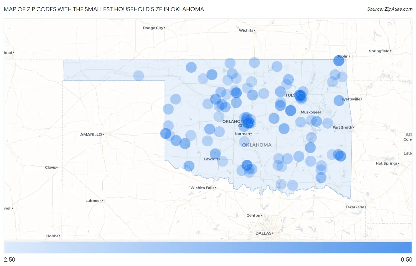 Zip Codes with the Smallest Household Size in Oklahoma Map