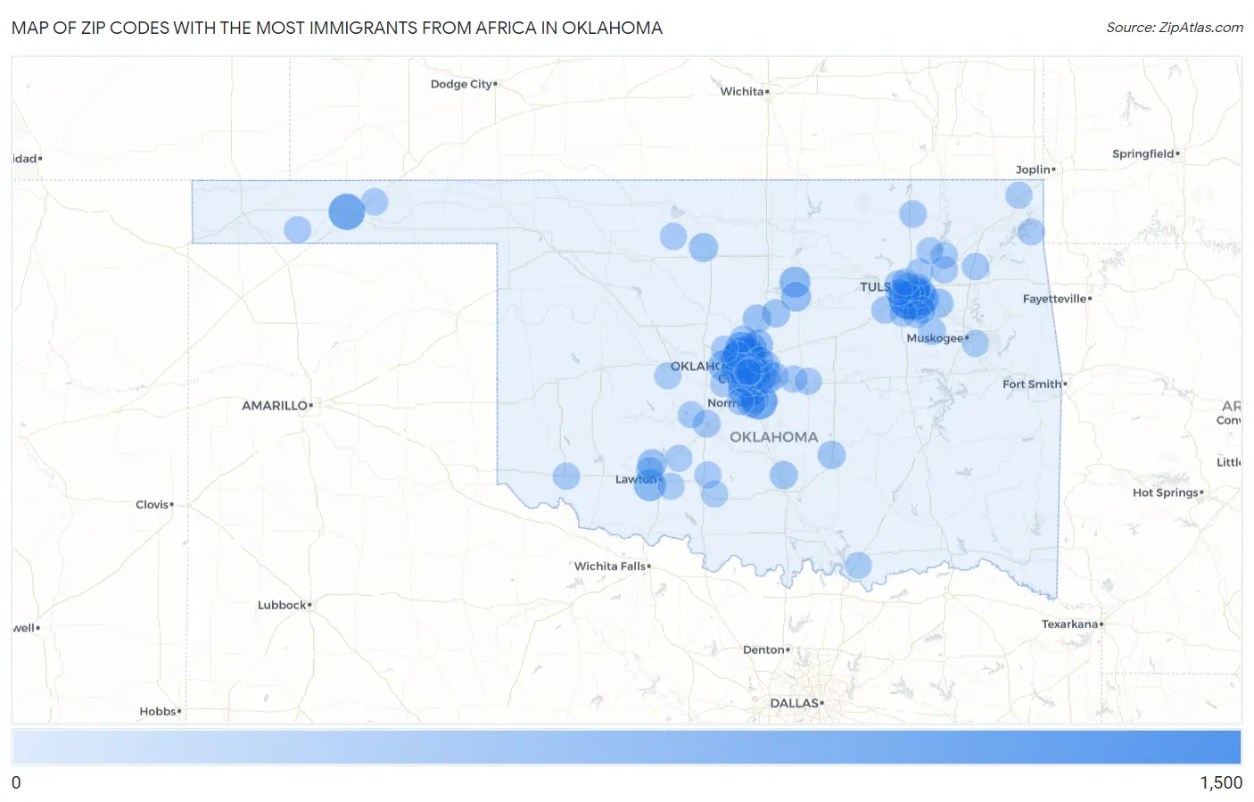 Zip Codes with the Most Immigrants from Africa in Oklahoma Map