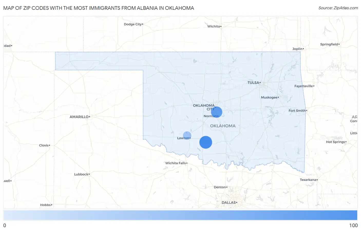 Zip Codes with the Most Immigrants from Albania in Oklahoma Map