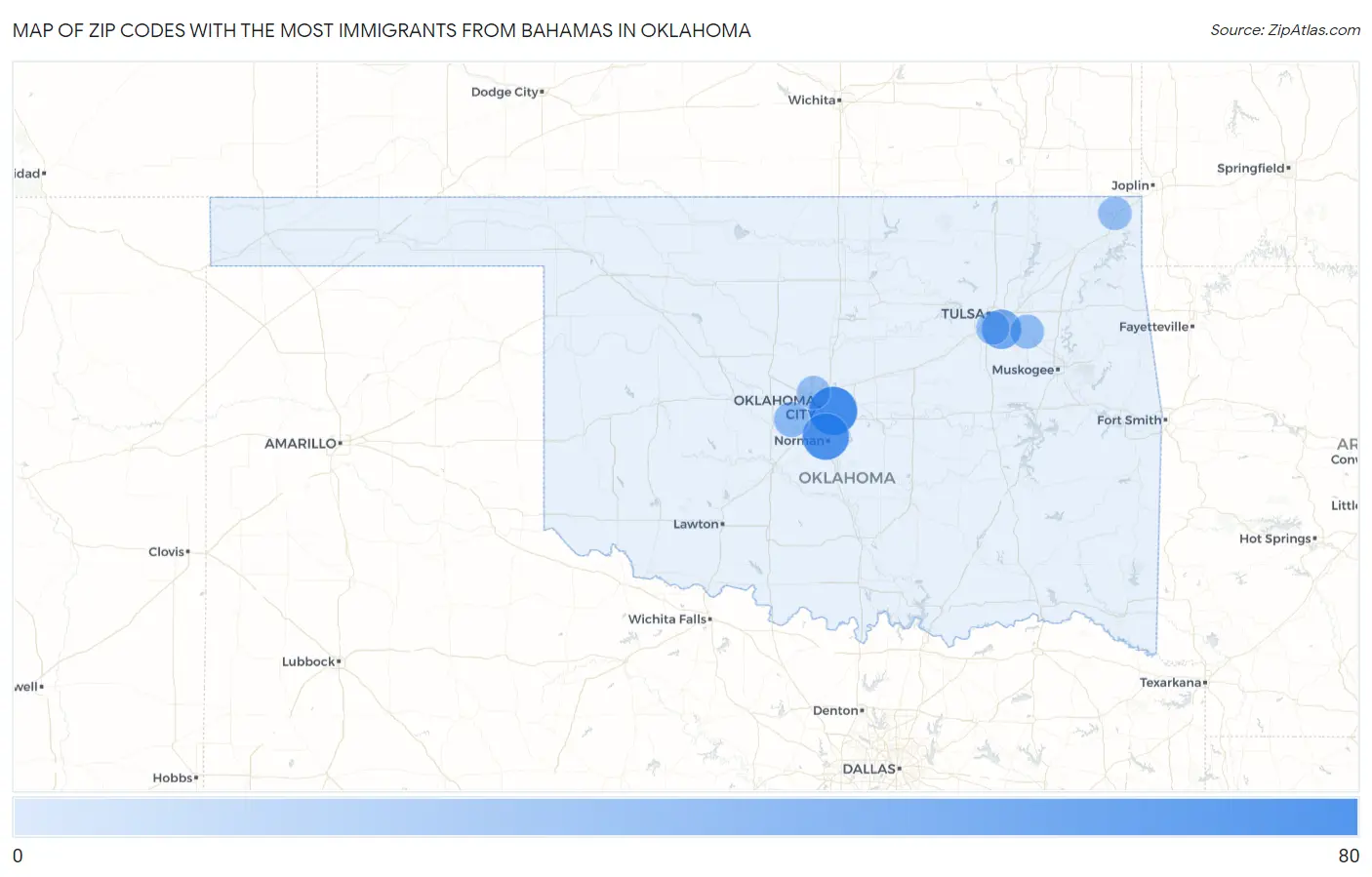 Zip Codes with the Most Immigrants from Bahamas in Oklahoma Map