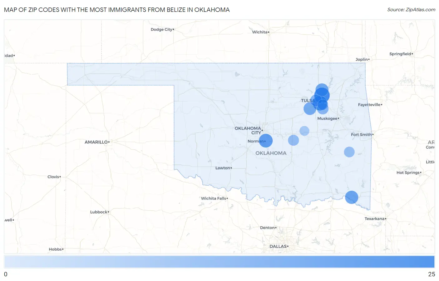 Zip Codes with the Most Immigrants from Belize in Oklahoma Map