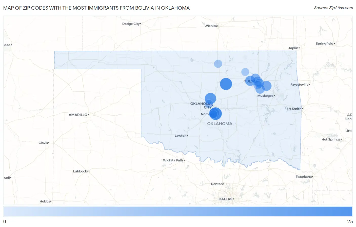 Zip Codes with the Most Immigrants from Bolivia in Oklahoma Map